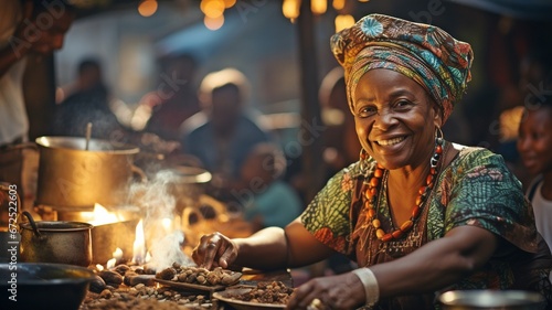 Wearing traditional attire, a senior African woman is cooking at the local food market. . photo