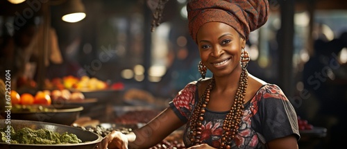 Wearing traditional attire, a senior African woman is cooking at the local food market. .