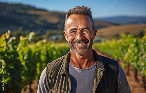 A happy senior wine producer stands in front of the camera, with a vineyard in the backdrop. .