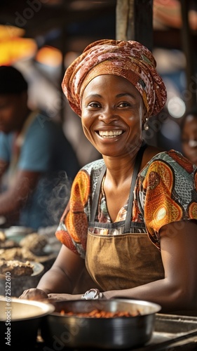 Wearing traditional attire, a senior African woman is cooking at the local food market. .