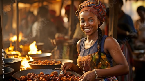 Wearing traditional attire  a senior African woman is cooking at the local food market. .