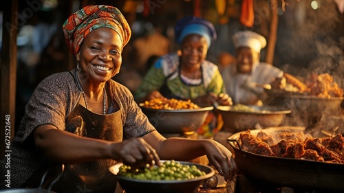 Wearing traditional attire  a senior African woman is cooking at the local food market. .