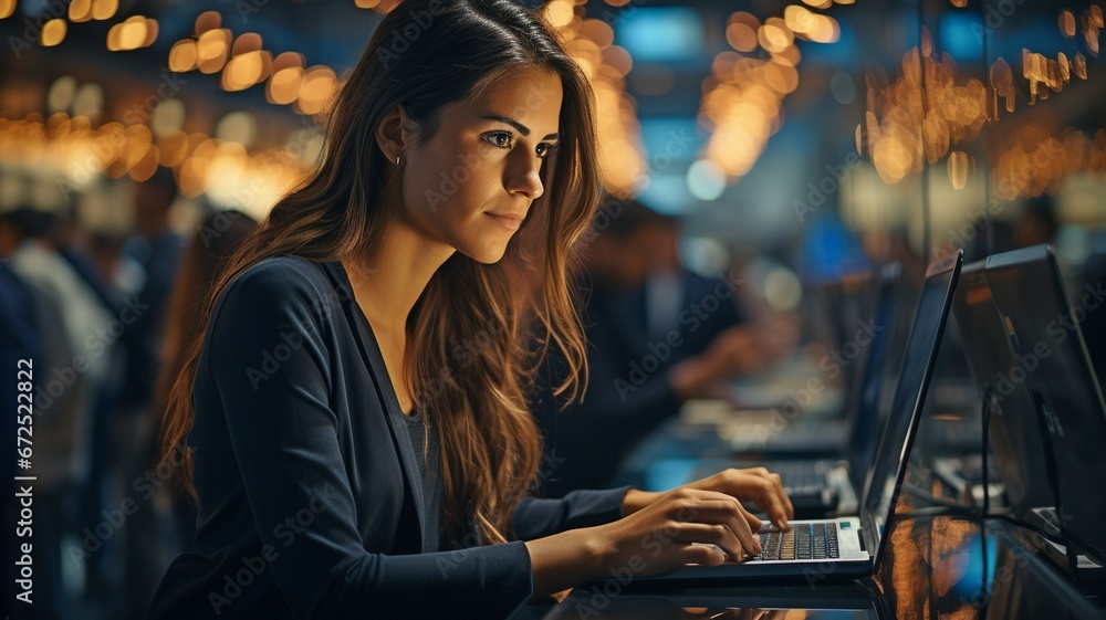 At the data centre, a female IT engineer is using a laptop.. At the data centre, a female IT engineer is using a laptop..