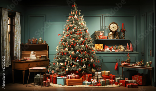 Christmas tree in the living room with presents under it. Minimal retro Christmas and New Year decoration concept
