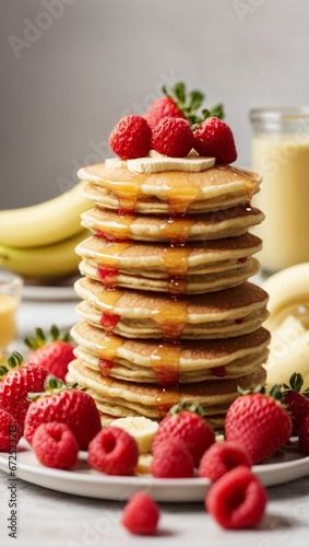 Stack of freshly prepared pancakes with fresh berries and bananas on top, AI-generated.