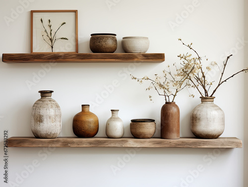Rustic Wood Floating Shelf with Vintage Frames and Ceramic Vases