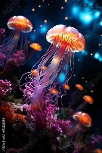 Vibrant orange and purple jellyfish swimming gracefully in the ocean, AI-generated.