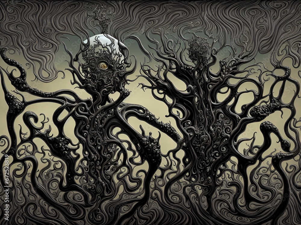 Fototapeta premium AI generated illustration of a chaotic composition of intertwined shapes and patterns