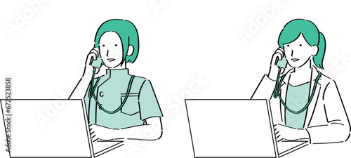 PCを操作しながら電話する女性医師と看護師