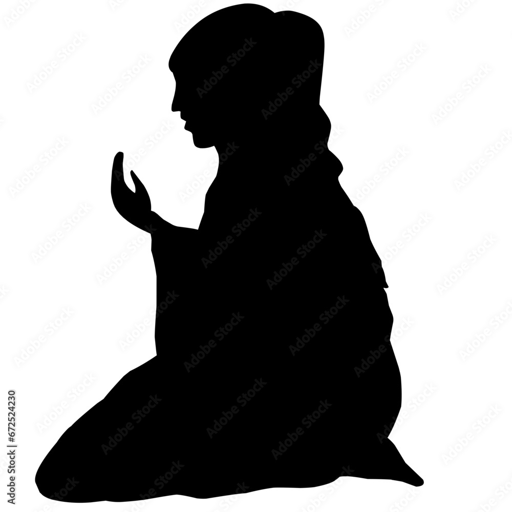 Woman muslim praying silhouette vector illustration. Woman with hijab praying icon for eid mubarak. Ramadan design graphic in muslim culture and islam religion