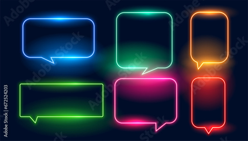 luminous glowing neon chat bubble frame in set