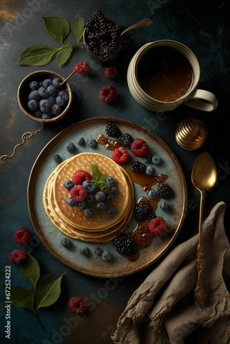 AI generated illustration of appetizing stack of pancakes topped with assorted berries and syrup