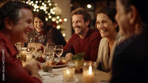 Group of people celebrating Christmas at home, friends and family get together