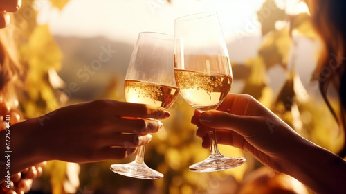 friends toasting in vineyard, two glasses of champagne in hands, celebration concept