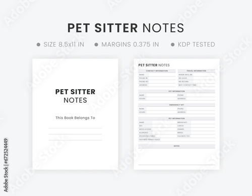 Pet Sitter Notes Printable Checklist Template. Dog, Cat, or Other Animal Information KDP Interior Book photo