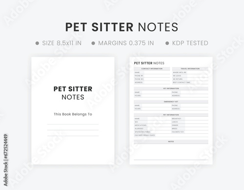 Pet Sitter Notes Printable Checklist Template. Dog, Cat, or Other Animal Information KDP Interior Book
