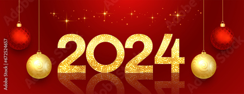 golden sparkling 2024 text new year eve banner with xmas bauble