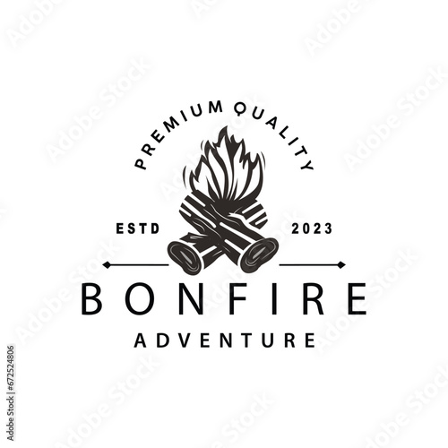 Campfire Logo, Bonfire Vector, Adventure Design Retro Vintage Illustration Simple Camping Wood Fire