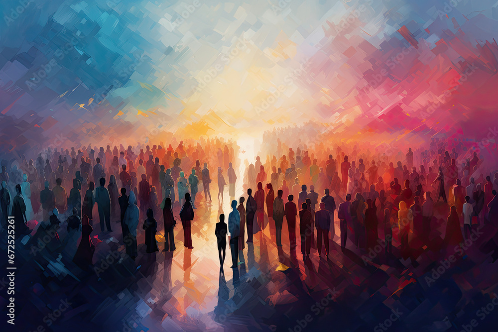 an abstract painting of people gathered in front of a colorful light - obrazy, fototapety, plakaty 