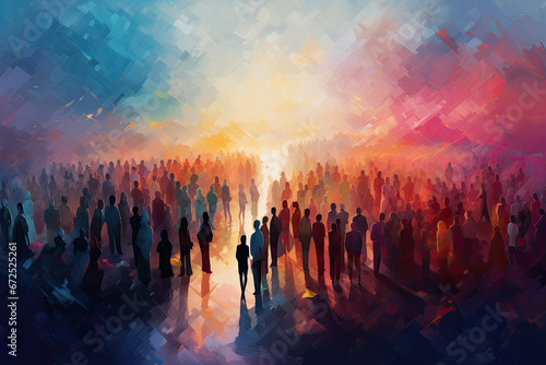 an abstract painting of people gathered in front of a colorful light photo