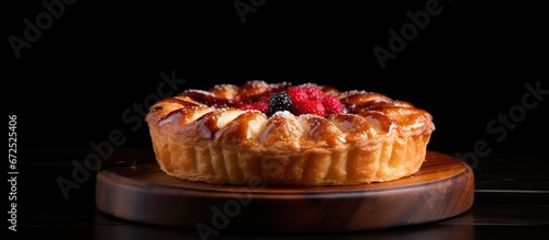 Pie from a bakery presented on a wooden plate set against a dark backdrop