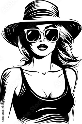 Hand-drawn Summer Vacation Woman with Sunglasses Vintage Outline Icon