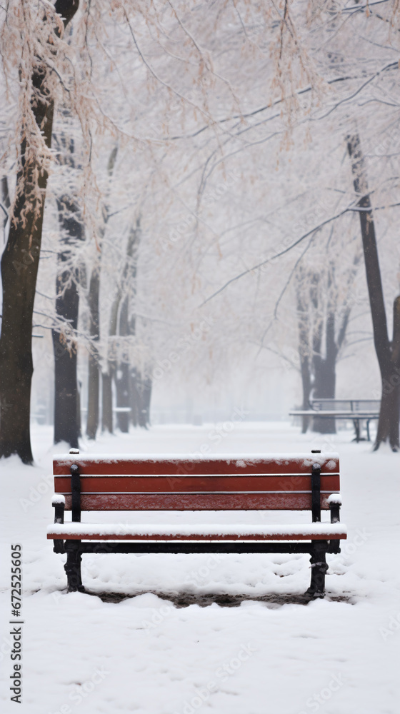 a bench in a snowy park with trees