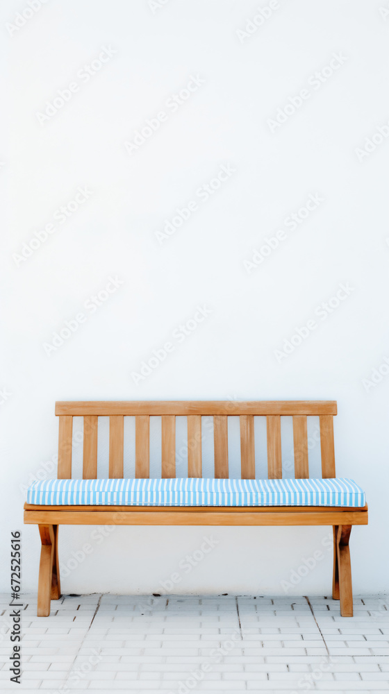 a wooden bench with a blue and white striped cushion a wooden bench with a blue and white striped cushion