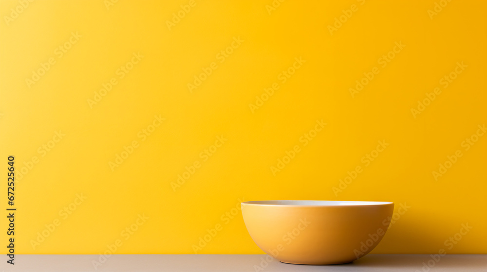 a yellow bowl sitting on a table against a yellow wall