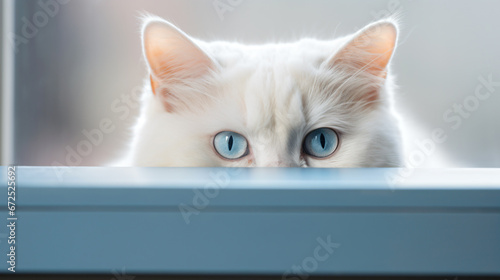 a white cat with blue eyes looking out a window