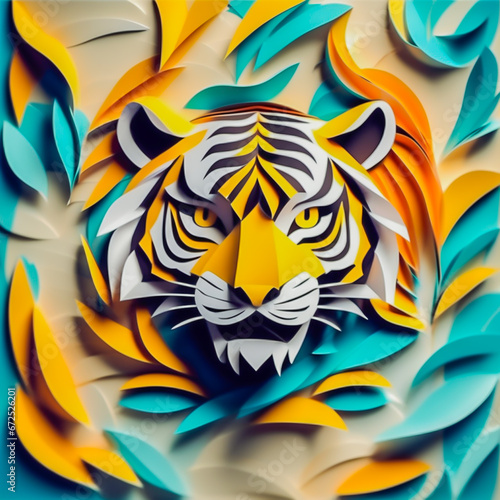 tiger made of paper on the abstract background.