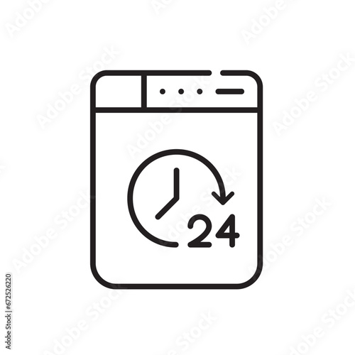 24 hour laundry service. Washing machine and round the clock symbol. Pixel perfect, editable stroke icon