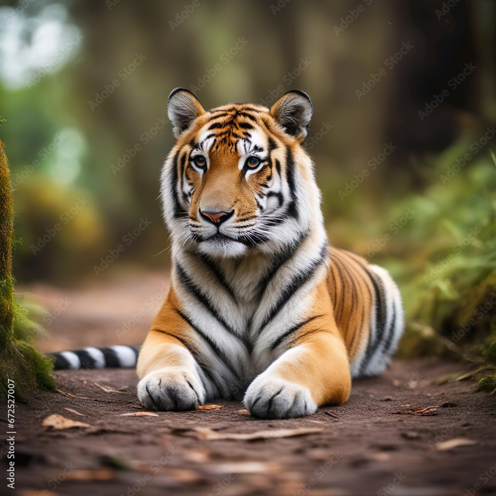 Fototapeta premium Tigre tumbado en el suelo descansando en su hábitat natural 