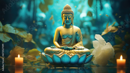 Glowing golden buddha in nature background