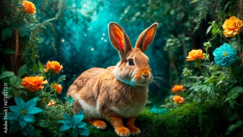 AI generated illustration of an adorable rabbit in a floral wooded area
