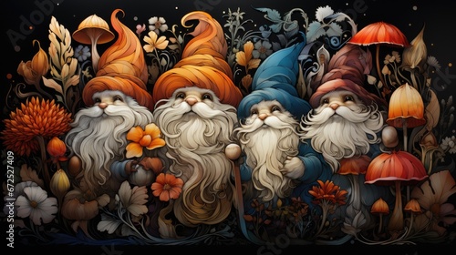 Artistic gnome family portrait with intricate mushroom and floral background.