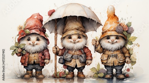 Whimsical watercolor gnomes sharing an umbrella, evoking a sense of magical friendship.