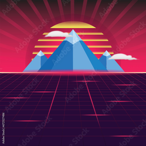 Retro 80 90 s mountain style background vector 