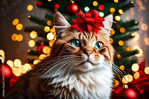 Festive Domestic Cat in Illuminated Christmas Tree Decoration
