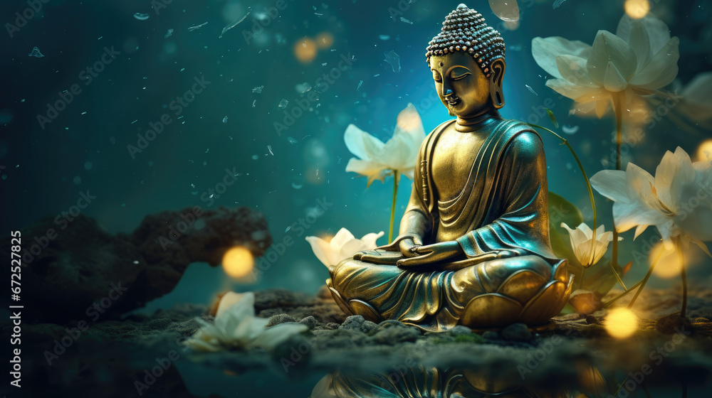 Glowing golden buddha in nature background - obrazy, fototapety, plakaty 
