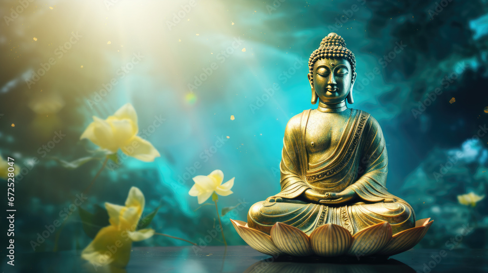 Glowing golden buddha in nature background