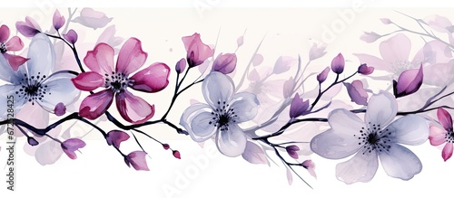 Infrared effect watercolor illustration set displays a decorative gray background featuring a branch with an Ultra Violet flowering dogwood perfect for wedding invitations and floral graphi photo