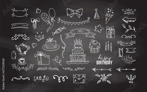 Birthday doodle set. Hand drawn vector Happy Birthday sketches on chalkboard background. Envelope, cake, balloon, ice cream, flags, hearts, labels, ribbons, bow, gift, star.