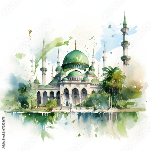 Watercolor Painting of Mosque Dome in Green and Navy