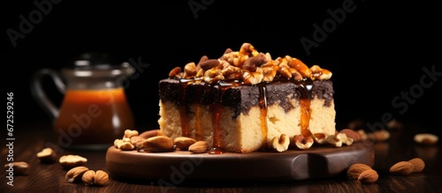 On a wooden table there is a cashew topped toffee cake with box toffee as a garnish