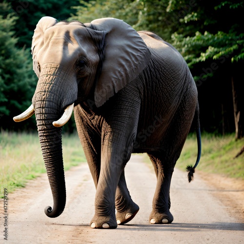 AI generated illustration of an elephant peacefully walking down in a lush and vibrant forest