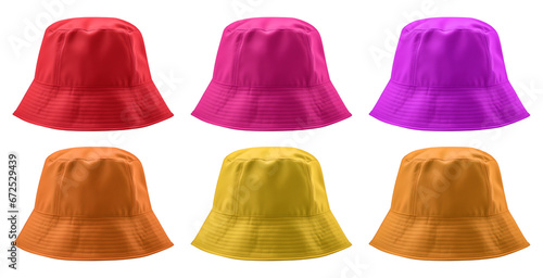 Set of red violet yellow orange bucket fisherman fishing hat on transparent background cutout, PNG file. Many assorted different colours. Mockup template for artwork graphic design photo