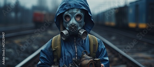 In the backdrop of the railway a young male in a gas mask and a blue hoodie grasps a plaything adorned with a gas mask
