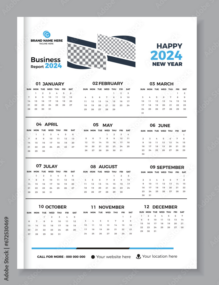2024 One page wall calendar design template 2024 One page wall calendar design template