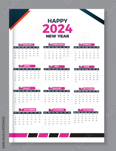 Vector Calendar 2024 Template Design, One page wall calendar design for 2024.
